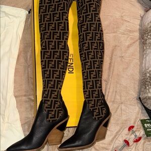 Fendi Brown and Black Logo Over The Knee Tights Ankle Boots